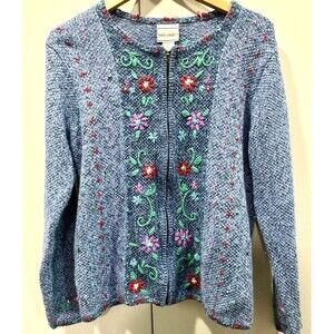 Vintage Floral Embroidered Angora Ramie Zip Cardigan Sweater Women M Cottagecore